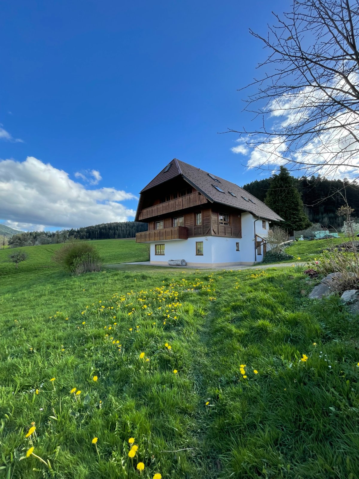 Hofgebäude von der Seite, Wiese im Vordergrund, blauer Himmel