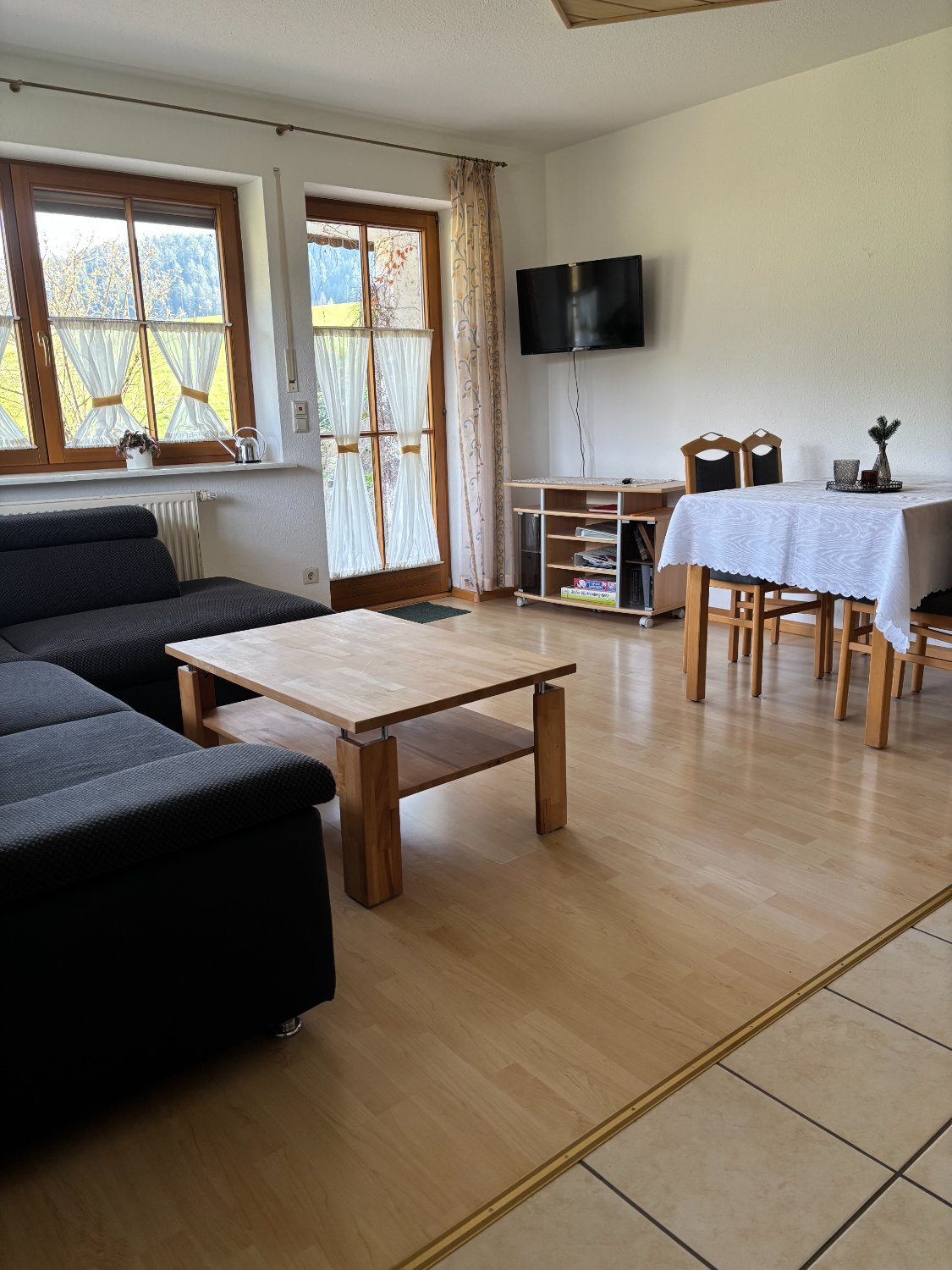 Wohnzimmer mit Sofa, Couchtisch und Fenster